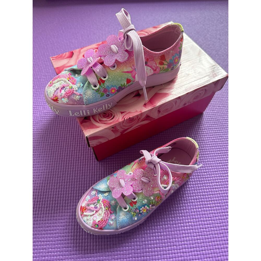 NIB Lelli Kelly Unicorn Girls Sneakers US 10 Glitter Beaded Floral Shoes